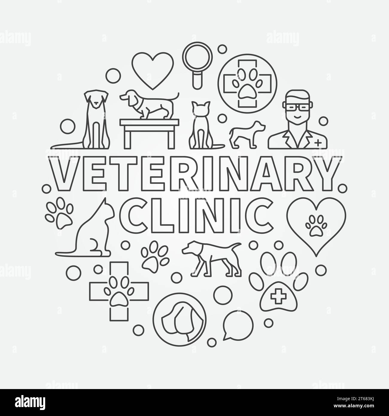 Illustrazione rotonda della clinica veterinaria. Simbolo del concetto di ospedale animale vettoriale realizzato con icone di contorno PET veterinario Illustrazione Vettoriale