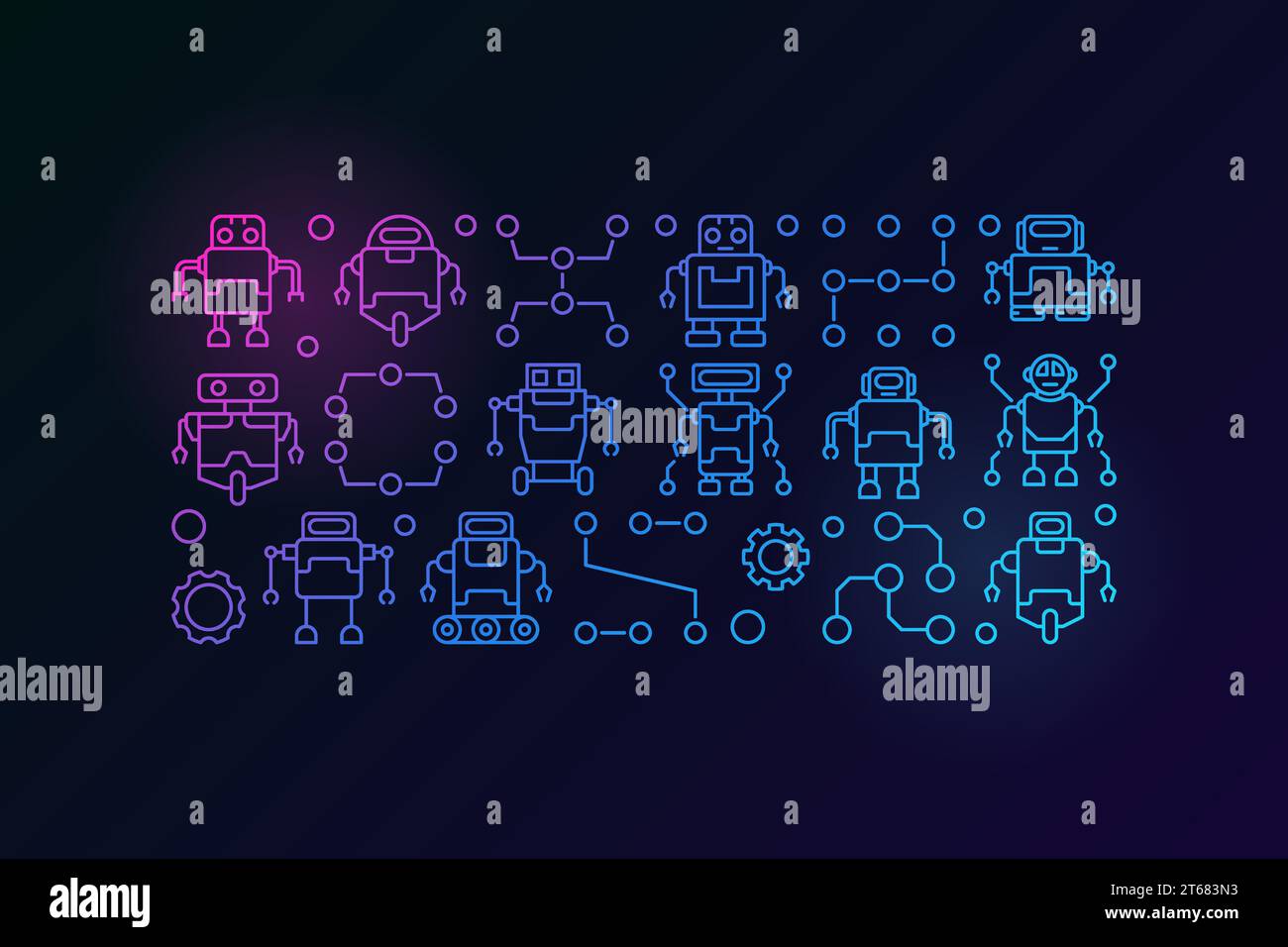 Illustrazione colorata dei robot. Banner vettoriale orizzontale realizzato con icone robot di contorno su sfondo scuro Illustrazione Vettoriale