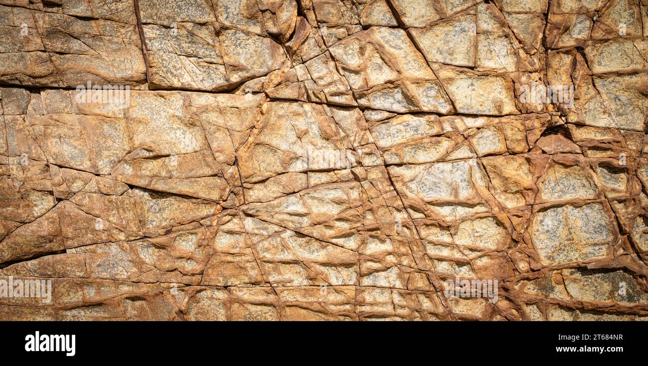 Dettaglio di pietra strutturata dall'azione geologica del mare in toni chiari e caldi. Sfondi e texture concettuali. Foto Stock