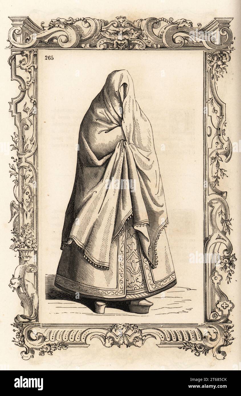 Costume di una giovane donna spagnola, XVI secolo. Copre tutta la testa e il viso con il mantello e indossa sandali alti come quelli dei monaci zoccolanti. Jeune fille espagnole. All'interno di una cornice decorativa incisa da H. Catenacci e Fellmann. Incisione a blocchi di legno di Gerard Seguin e E.F. Huyot dopo un taglio su legno di Christoph Krieger di Cesare Vecellios Costumes anciens et modernes del XVI secolo, Habiti antichi et moderni di tutto il mondo, Firman Didot Ferris Fils, Parigi, 1859-1860. Foto Stock