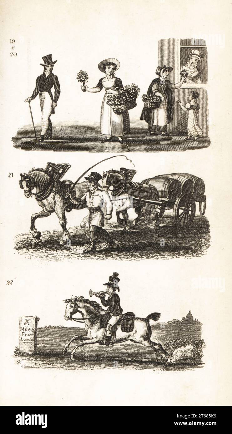 Nosegays, Watercress girl, Brewers Dray e Twopenny-Post Boy. Venditori ambulanti che vendono nosegay 19, e crescione per strada 20, un birraio che guida un carro con barili di birra trainati da un cavallo dray 21 e un ragazzo di due anni con bugle che cavalca un pony 22. Incisione su legno dopo un'illustrazione di Isaac Taylor da City Scenes, or a Peep into London, di Ann Taylor e Jane Taylor, pubblicata da Harvey and Darton, Gracechurch Street, Londra, 1828. Le sorelle inglesi Ann e Jane Taylor furono prolifici poeti romantici e scrittori di libri per bambini all'inizio del XIX secolo. Foto Stock