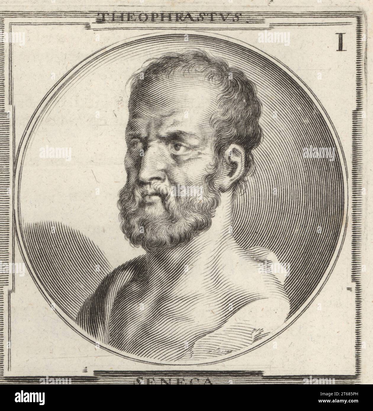 Teofrasto, filosofo greco e successore di Aristotele nella scuola peripatetica, 371-287 a.C. circa. Theophrastus. Incisione su piastra di rame di Bartholomaus Kilian su un'illustrazione di Joachim von Sandrart dalla sua LAcademia Todesca, della Architectura, Scultura & Pittura, oder Teutsche Academie, der Edlen Bau- Bild- und Mahlerey-Kunste, Accademia tedesca di architettura, Scultura e Pittura, Jacob von Sandrart, Norimberga, 1675. Foto Stock