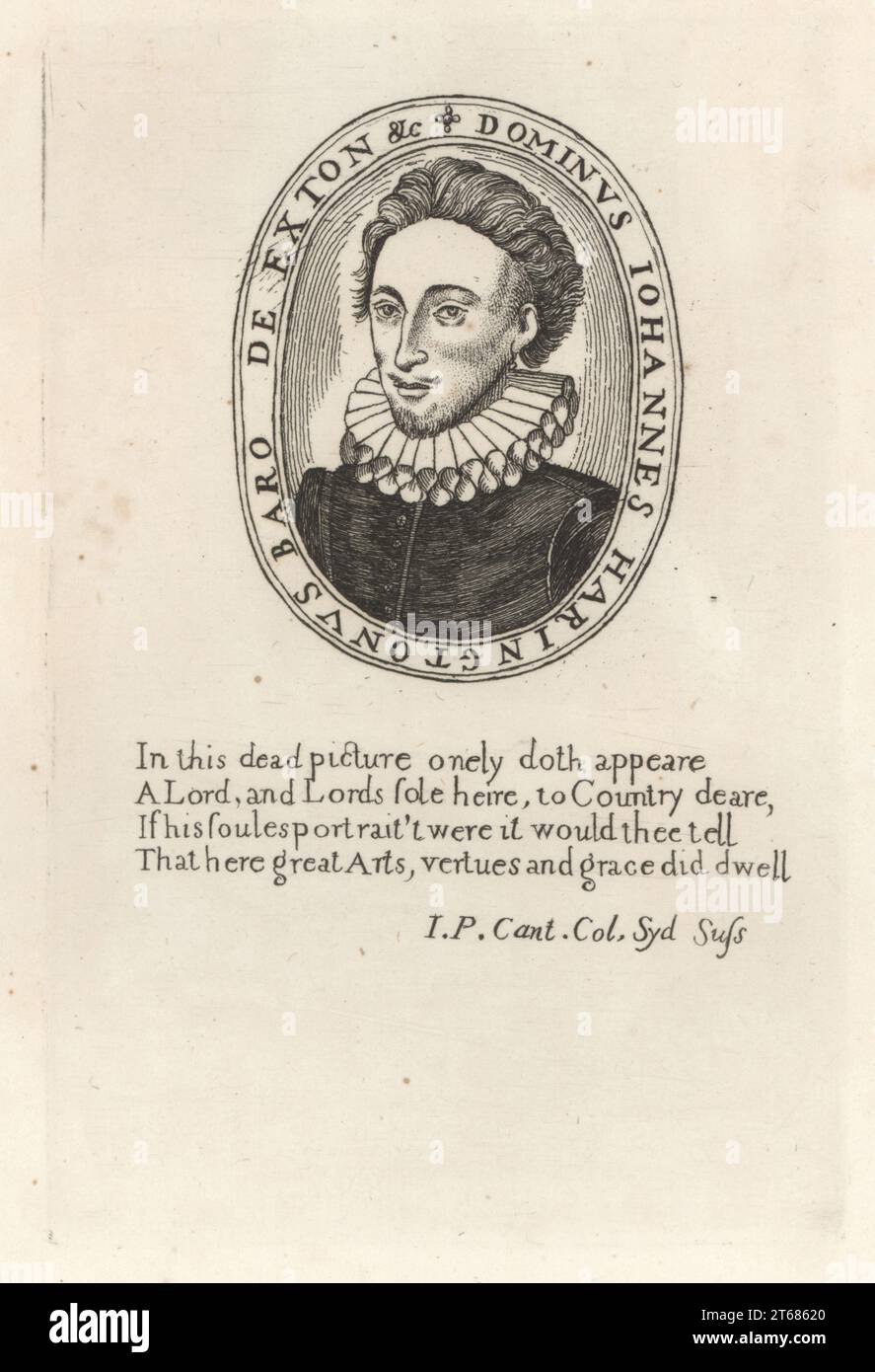 John Harington, II barone Harington di Exton, 1592-1614. Cortigiano e politico inglese, Lord Luogotenente di Rutland e Barone Harington di Exton. Ritratto ovale con colletto e doppietta. Dominus Johannes Haringtonus, Baro de Exton. Dal suo sermone funerale. Incisione su lastra di rame dalla Samuel Woodburns Gallery di ritratti rari costituiti da piastre originali, George Jones, 102 St Martins Lane, Londra, 1816. Foto Stock