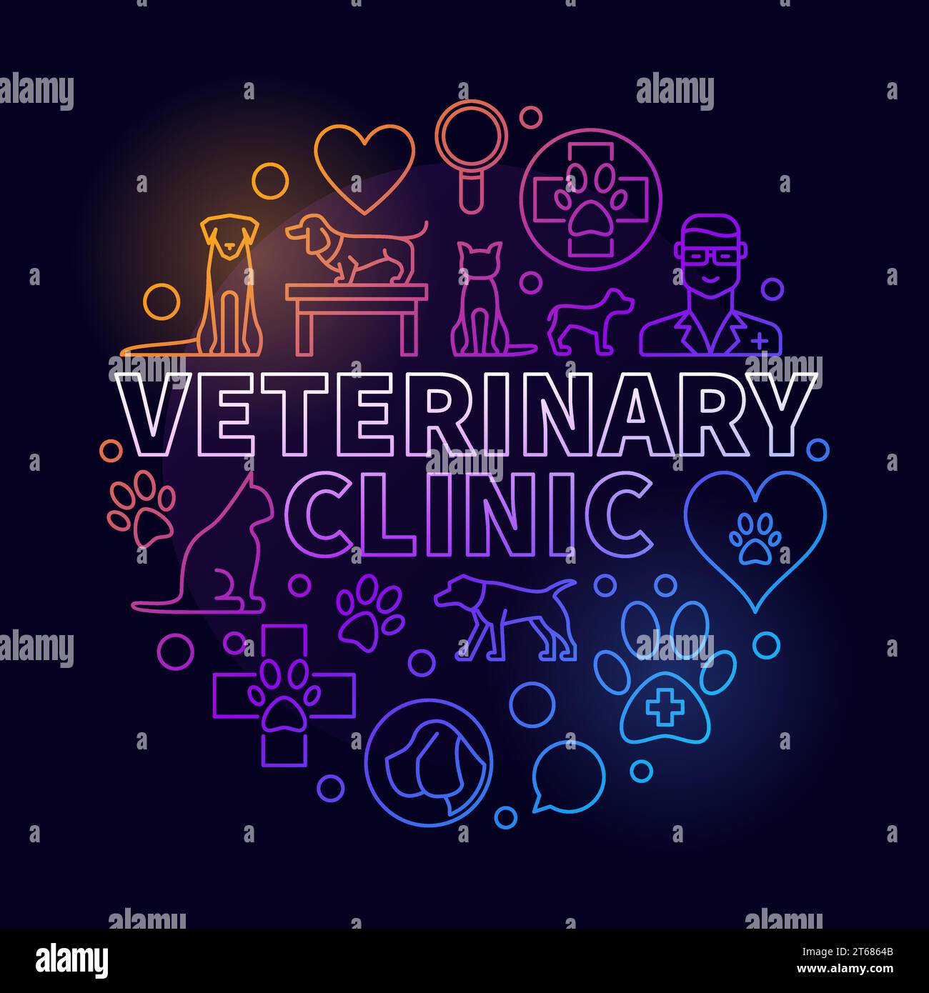 Illustrazione colorata della clinica veterinaria. Simbolo del concetto di ospedale animale rotondo vettoriale realizzato con icone di linea PET veterinario su sfondo scuro Illustrazione Vettoriale