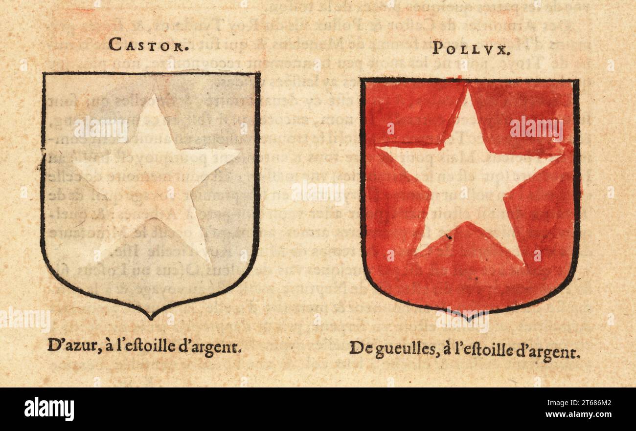 Stemma immaginario dei gemelli Dioscuri Castore con stella su campo d'argento e Polluce con stella su campo rosso. Incisione in legno a mano da Hierosme de Baras le Blason des Armoiries, Chez Rolet Bouton, Parigi, 1628. Foto Stock