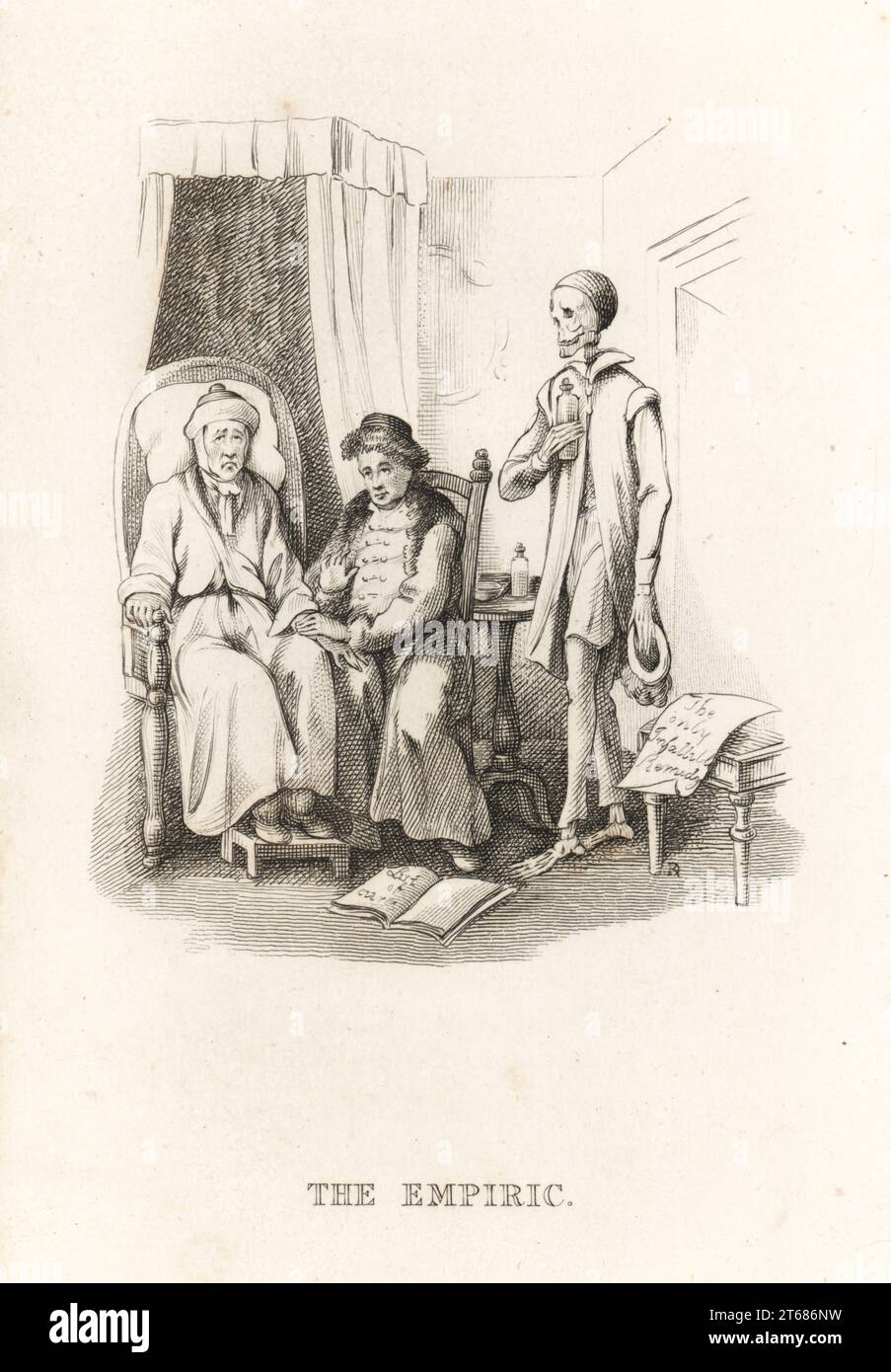 Lo scheletro della morte e il medico ciarlatano. La morte entra nella stanza con una bottiglia di medicina mentre la montagna prende il polso di un uomo malato su una sedia con un poggiapiedi. Un rotolo con l'unica Remedy infallibile sulla sedia. L'empirico. Illustrazione disegnata e incisa su acciaio da Richard Dagley dalle sue azioni di morte, consistenti in numerose composizioni originali in versi e prosa, J. Andrews, Londra, 1827. Dagley (1761-1841) è stato un pittore, illustratore e incisore inglese. Foto Stock