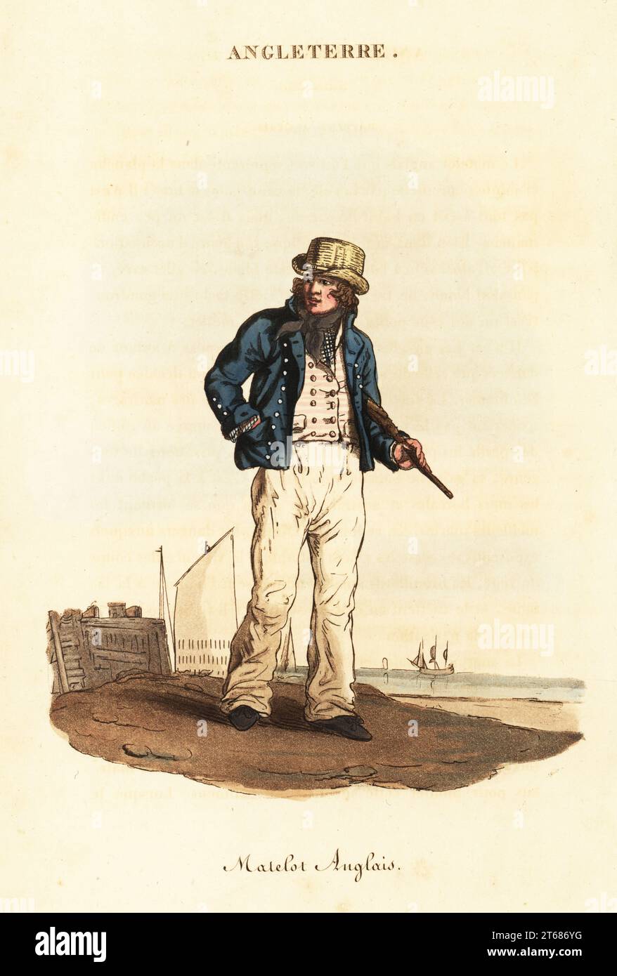 Marinaio britannico nella Marina di Lord Nelson, anni '1800 In cappello di paglia, frumento, giacca blu, gilet a righe, pantaloni bianchi a fondo campana, tenendo un cudgel. Matelot Anglais. Incisione su copperplate a mano dopo un'illustrazione di William Alexander di J-B.. Eyries l'Angleterre ou Costumes, Moeurs et Usages des Anglais, England: Costumes, Manners and Mores of the English, Librairie de Gide Fils, Parigi, 1821. Jean-Baptiste Eyries (1767-1846) è stato un geografo, autore e traduttore francese. Foto Stock