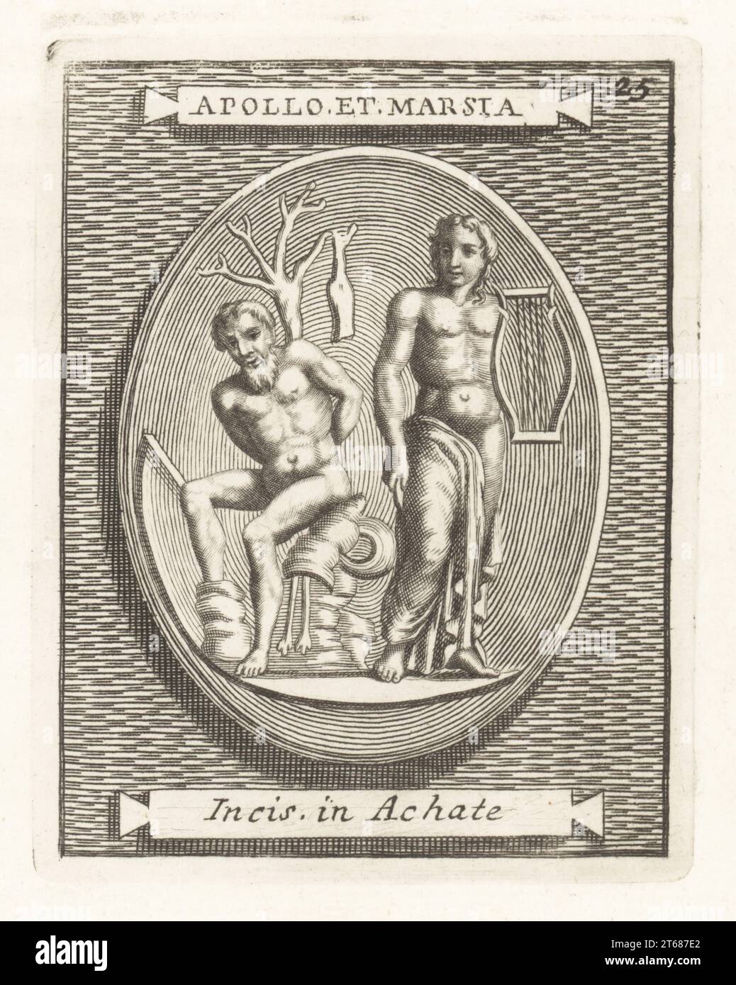 dio greco Apollo con lira e coltello in piedi accanto al satyr Marsyas legato ad un albero sotto un doppio flauto o aulos. Marsyas era svanito vivo. Apulu, dio del cielo ctonico, agli Etruschi. Da una gemma di agata incisa. Apollo et Marsia. Incis ad Achate. Incisione su lastra di rame di Francesco Valesio, Antonio Gori e Ridolfino Venutis Academia Etrusca, Museo Cortonense in quo vera Monumenta, (Accademia Etrusca o Museo di Cortona), Faustus Amideus, Roma, 1750. Foto Stock