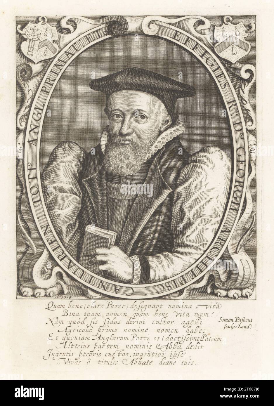 George Abbot, divino calvinista inglese, Arcivescovo di Canterbury, 1562-1633. In berretto, colletto a ruggine, accappatoio con maniche a soffietto, con in mano un libro. Incisione su lastra di rame di Simon van de Pass dalla Samuel Woodburns Gallery di rari ritratti costituiti da piastre originali, George Jones, 102 St Martins Lane, Londra, 1816. Foto Stock