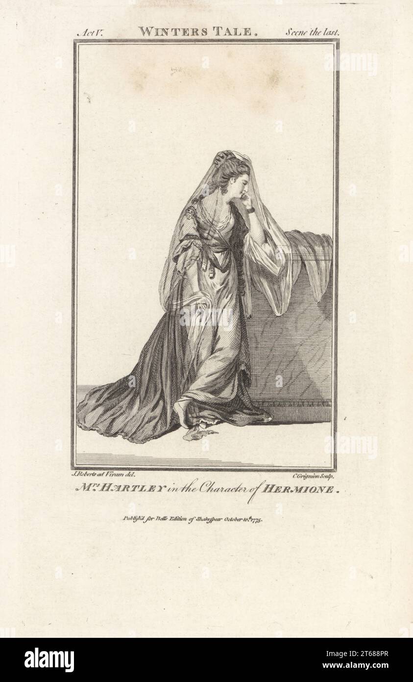 La signora Hartley nel personaggio di Hermione nel racconto invernale di William Shakespeare, Covent Garden Theatre, 12 marzo 1774. In coronet, velo lungo e vestito pieno. Elizabeth Hartley, 1751-1824, attrice inglese che ha suonato a Edimburgo, Bristol e Londra. Incisione su copperplate di Charles Grignion dopo un ritratto di James Roberts dall'edizione di John Bell di Shakespeare, Londra, 10th ottobre 1775. Foto Stock