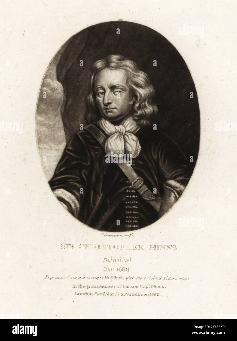 Vice ammiraglio Sir Christopher Myngs, ufficiale di marina inglese e corsaro, 1625-1666. Sir Christopher Minns. Incisione Mezzotint di Robert Dunkarton su un disegno di John Bullfinch su un quadro originale di Richard Earlom e ritratti di Charles Turner di personaggi illustri nella storia britannica incisi a Mezzotinto, pubblicato da S. Woodburn, Londra, 1813. Foto Stock