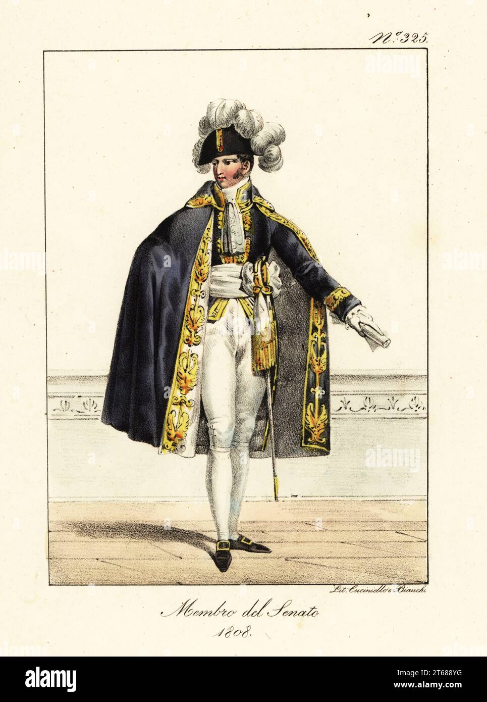 Vesti cerimoniali di un membro del Senato, epoca napoleonica, primo Impero, 1808. In bicorne con pennacchi, mantello e cappotto blu ricamati in oro, cintura a fascia bianca, breches bianchi, scarpe con fibbia, spada da campo. Membre du Senat conservateur. Litografia colorata a mano di Lorenzo Bianchi e Domenico Cuciniello dopo Hippolyte Lecomte da Costumi civili e militari della monarchia francese dal 1200 al 1820, Napoli, 1825. Edizione italiana dei Lecomti costumi civili e militari della monarchia francese dal 1200 al 1820. Foto Stock