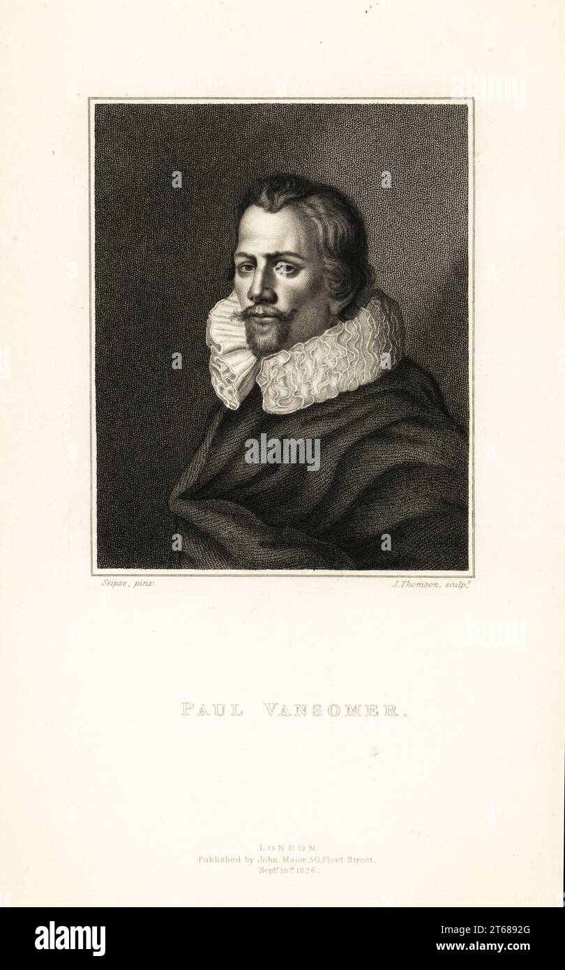 Ritratto di Paul van Somer, artista fiammingo e pittore di corte di re Giacomo i d'Inghilterra, c.1577-1621. Paul Vansomer. Incisione in acciaio di J. Thomson da Edward Walmsleys Physiognomical Portraits, cento personaggi illustri, John Major, Londra, 1826. Foto Stock