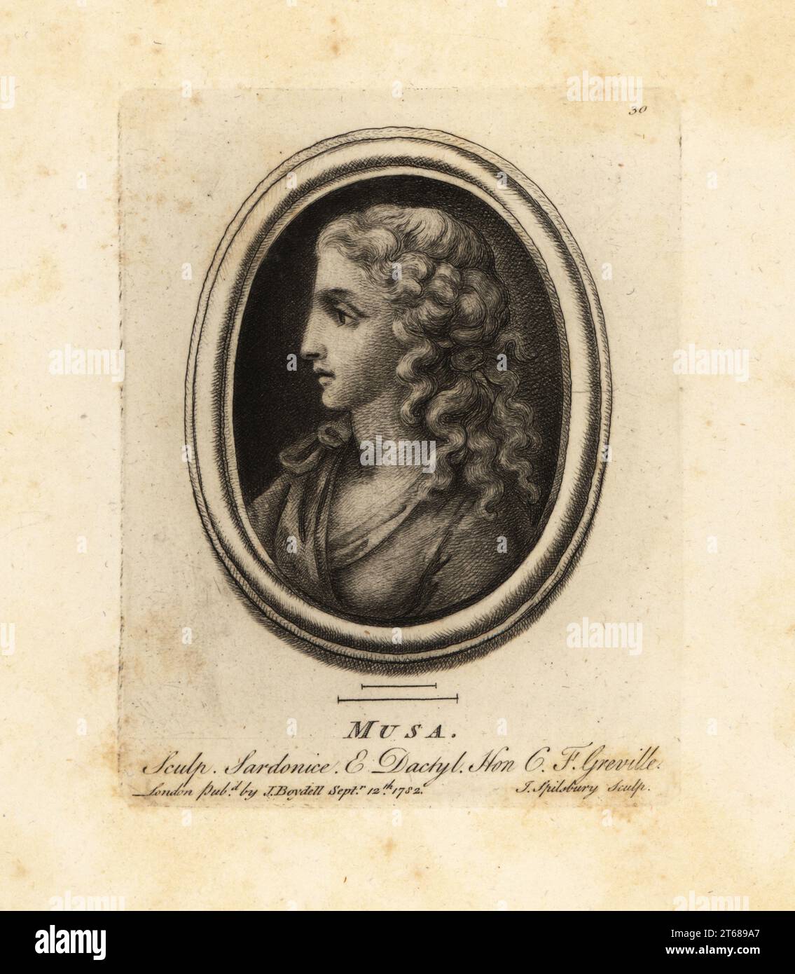 Ritratto di una Muse greca. Musa. In sardonice e dattiloteca. Dalla collezione dell'antiquario Charles Francis Greville. Incisione in copperplate a mezzotinta di John Spilsbury dalla sua Collezione di cinquanta stampe da Gemme antiche, John Boydell, Londra, 1785. Foto Stock