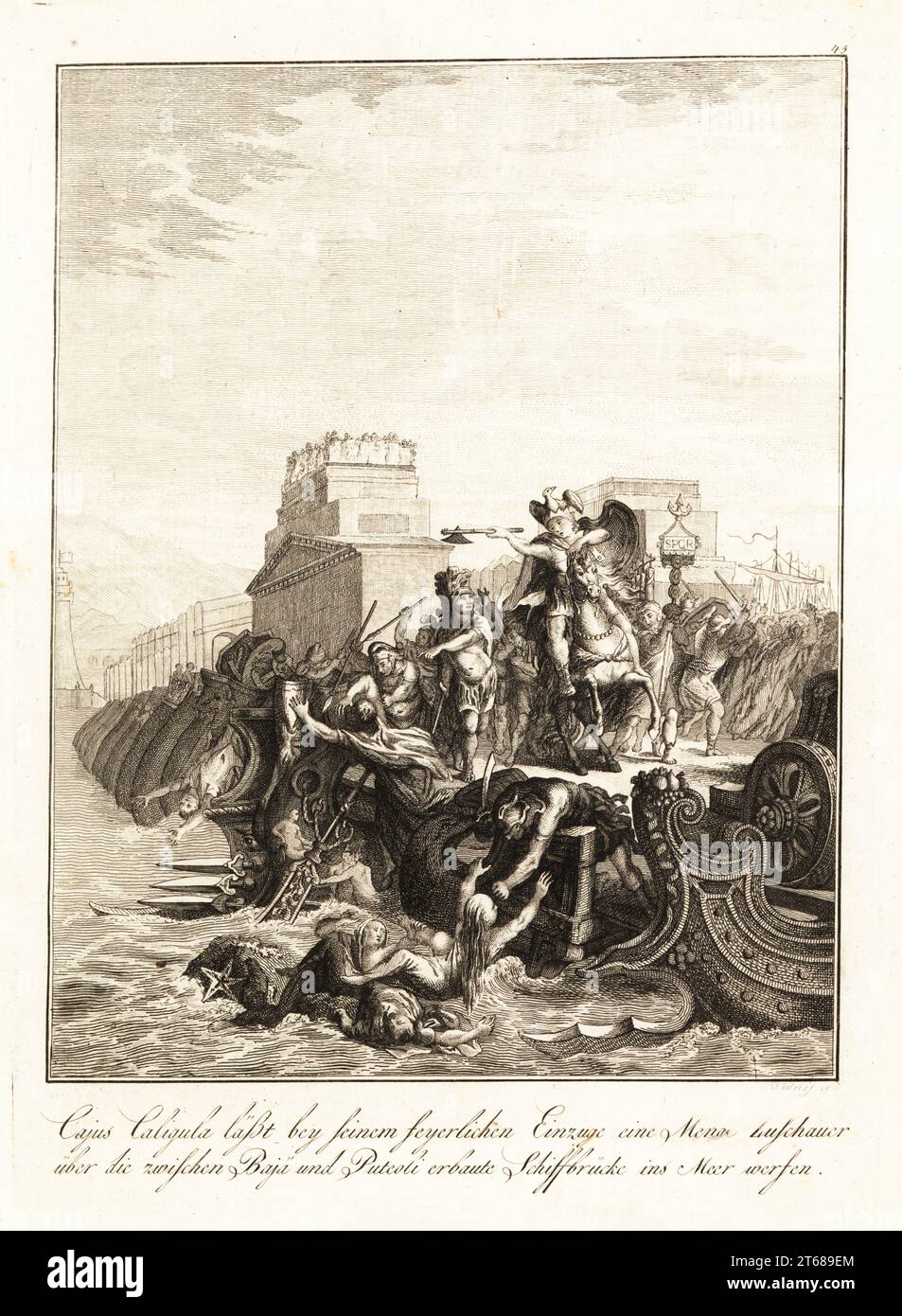 L'imperatore Caligola, 12 - 41 d.C., a cavallo con l'ascia, ordina ai suoi soldati di massacrare gli spettatori sul ponte da Bayes a Pouzoles durante il suo trionfo, 37 d.C. Barbarie de Caligula, qui fait precipiter dans la mer a Pouzoles le peuple que le spectacle de son triomphe ya avoit attire. Incisione su lastra di rame di David Weiss del professor Joseph Rudolf Zappes Gemalde aus der romischen Geschichte, Pictures of Roman History, Joseph Schalbacher, Vienna, 1800. Edizione tedesca di Abbe Claude Francois Xavier Millots Abrege de lHistoire Romaine. Foto Stock