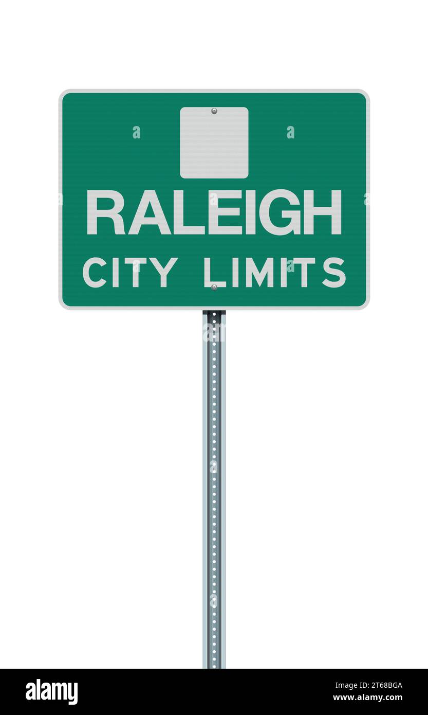 Illustrazione vettoriale del cartello verde di Raleigh (North Carolina) City Limits su palo metallico Illustrazione Vettoriale