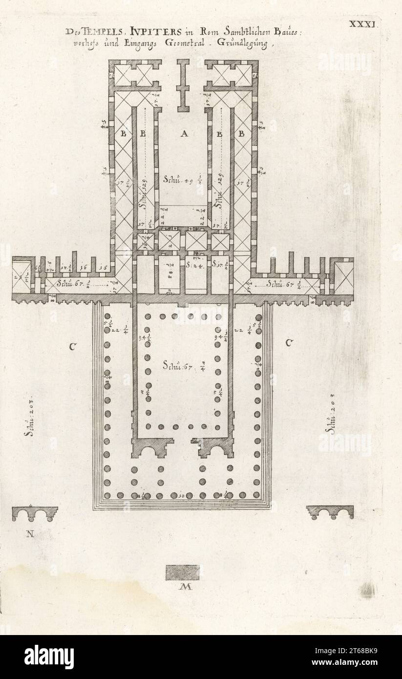 Pianta del Tempio di Serapide, del Tempio di Giove, Roma. Des Tempels Iupiters. Copiato dai quattro libri di architettura di Andrea Palladio. Incisione su lastra di rame di Johann Franck di Joachim von Sandrarts LAcademia Todesca, della Architectura, Scultura & Pittura, oder Teutsche Academie, der Edlen Bau- Bild- und Mahlerey-Kunste, Accademia tedesca di architettura, scultura e pittura, Jacob von Sandrart, Norimberga, 1675. Foto Stock