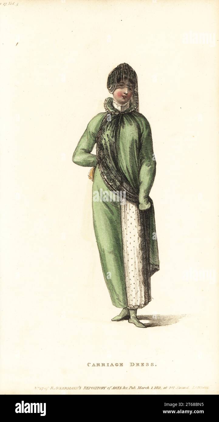 Donna reggenza in abito carrozza in mussola jaconot rigata, abito pelisse di lana verde Pomona spagnola, berretto reggenza in raso bianco e pizzo., velina in pizzo nero. Targa 17, marzo 1 1811. Incisione in copperplate a mano di Thomas Uwins dal Rudolph Ackermann's Repository of Arts di Londra. Foto Stock