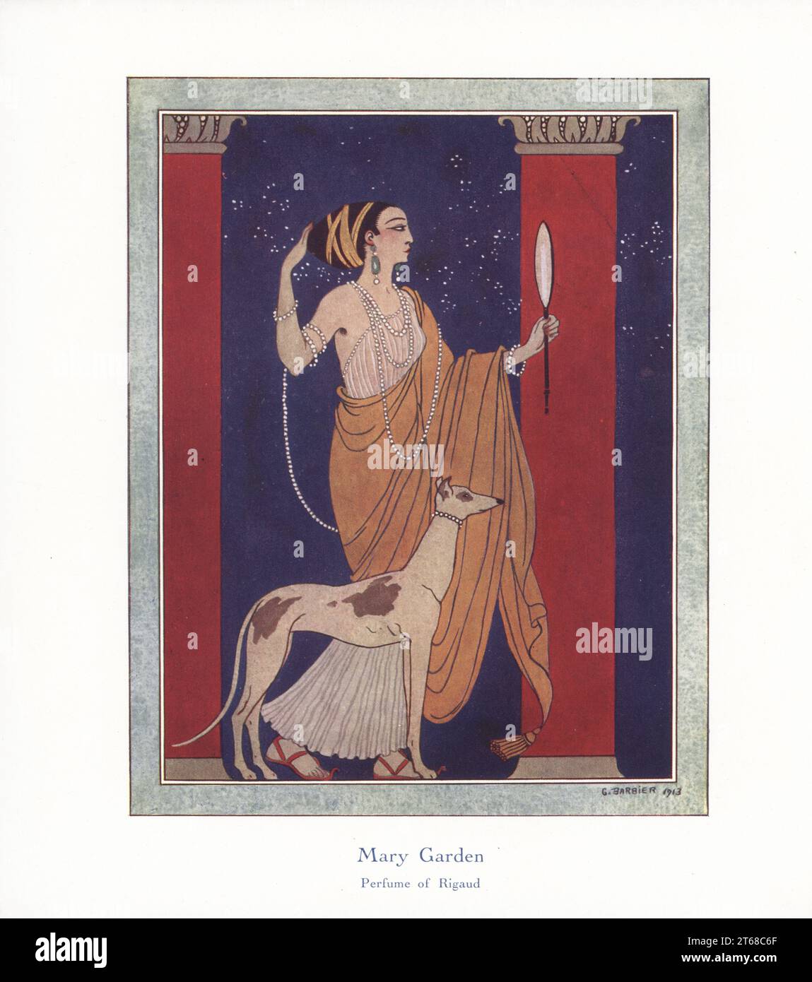 Arte promozionale per Mary Garden, profumo di Rigaud, 1913. È stato lanciato nel 1910 e successivamente interrotto. Prende il nome dal popolare cantante lirico scozzese-americano, 1874-1967. Una donna con un'acconciatura greca antica e un costume con corde di perle guarda in uno specchio tra due colonne. Illustrazione stampata a colori di George Barbier da Andre de Fouquieres i profumi di Rigaud, lettere di una ragazza parigina e americana, l'art des parfums, Lettres d'un Parisien et d'une Américaine, Maison Rigaud, Parfumeur, Parigi, 1915. Foto Stock