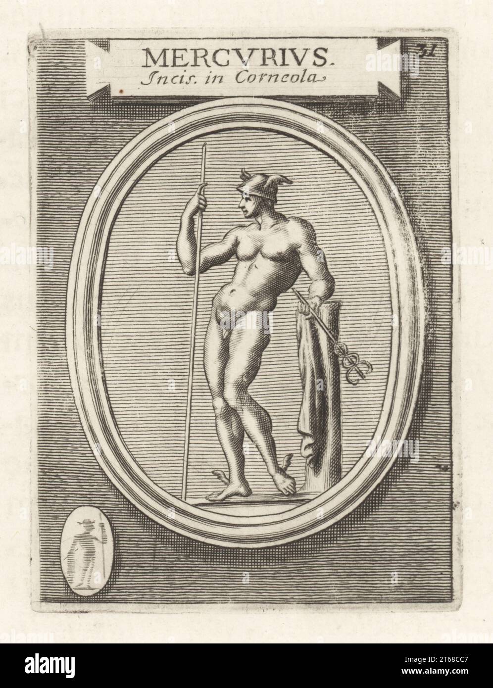 il dio romano mercurio con caduceo, personale, cappello petasos alato e piedi alati. Nella religione etrusca, dio messaggero e dio del commercio Turms. Roman Mercury, Greek Hermes. Da una gemma di corniola incisa. Mercurius Incis. A Corneola. Incisione su lastra di rame di Francesco Valesio, Antonio Gori e Ridolfino Venutis Academia Etrusca, Museo Cortonense in quo vera Monumenta, (Accademia Etrusca o Museo di Cortona), Faustus Amideus, Roma, 1750. Foto Stock