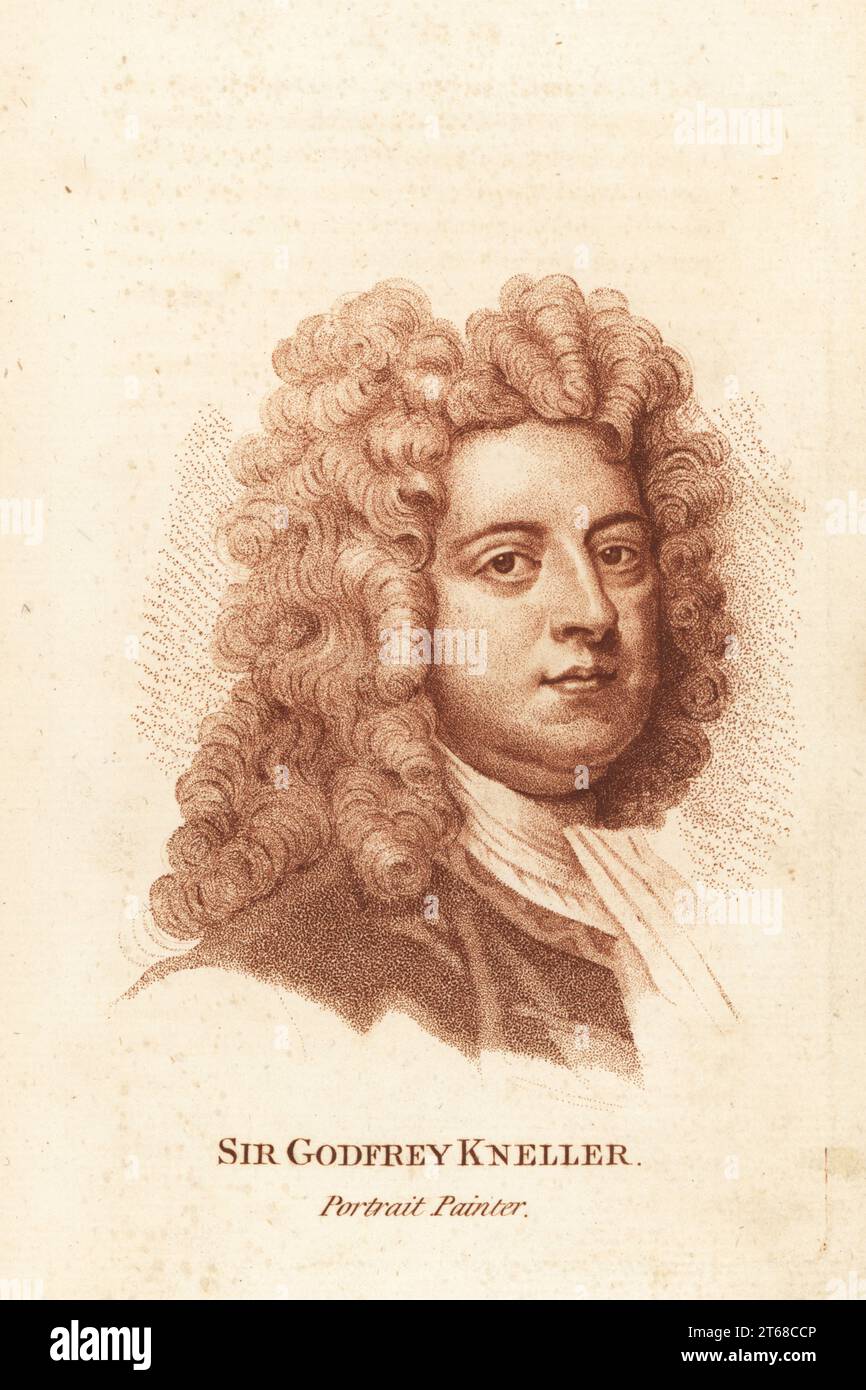 Sir Godfrey Kneller, ritrattista inglese, 16461723. In parrucca in polvere, cappotto e cravatte. Incisione a goccia in stile gesso rosso dopo un autoritratto di Francis Fitzgeralds The Artists Repository and Drawing Magazine, Charles Taylor, Londra, 1785. Foto Stock