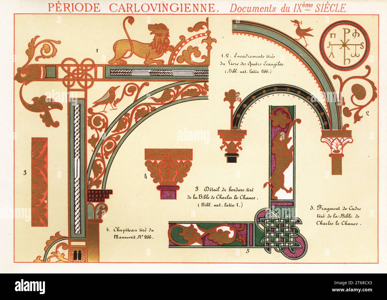 Cornici ornate, confine e capitale da documenti della dinastia carolingia, IX secolo. Tratto dai quattro Vangeli, dalla prima Bibbia di Carlo il Calvo e da altri manoscritti miniati. 1,2 Livre des Quatre Evangiles, Latin 266 Bib. NAT., 3,5 Bible de Charles le Chauve Latin 1, 4 chapiteau Tire dun manuscrit 266, Chromolithograph designed and lithographed by Ernst Guillot from Elements dOrnementation pour lEnluminure (Elements of Ornamentation for Illumination), Renouard, Parigi, 1890. Foto Stock
