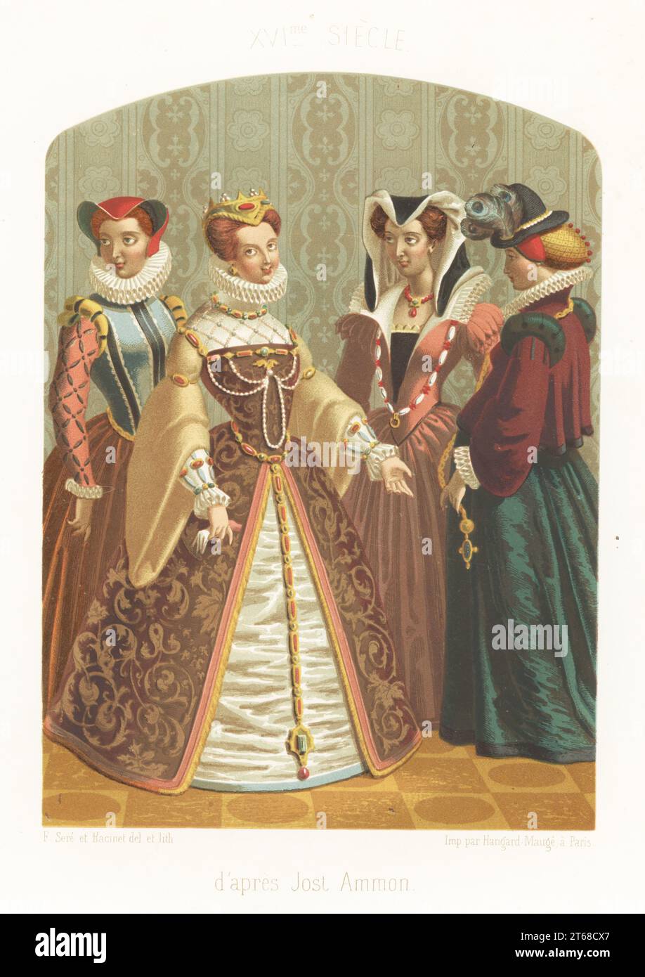 Nobildonne alla moda di Jost Ammon, XVI secolo. Reali tedeschi e cortigiani in corone e cappelli eleganti, collari alti, abiti con calzini, maniche piene, petticoats broccati. Dopo i dipinti dell'artista svizzero-tedesco Jost Ammon 1539-1591. d'apres Jost Ammon, XVIe siecle. Chromolithograph di Ferdinand Sere e Auguste Racinet di Charles Louandres Les Arts Somptuaires, The Sumptuary Arts, Hangard-Mauge, Parigi, 1858. Foto Stock