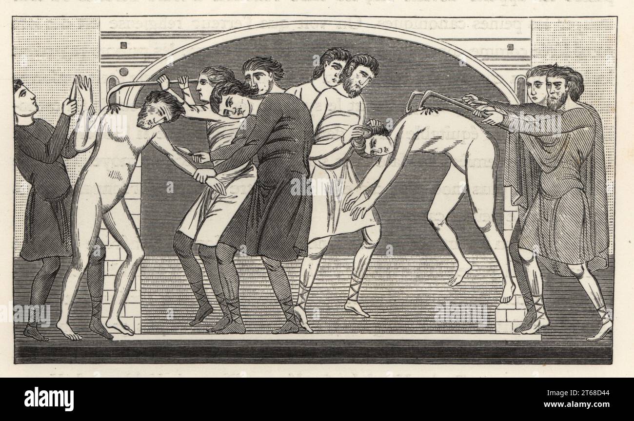 Martirio dei Santi Savino e Ciprieno del V secolo lacerati da ganci di ferro. Martyre des memes saints dechires avec des ongles de fer. Affresco dell'XI secolo nella cripta della chiesa di Saint-Savin, Vienne. Woodcut di Etienne Huyot e Jules Huyot di Paul Lacroixs la vie Militaire et Religieuse au Moyen Age et a lEpoque de la Renaissance, vita militare e religiosa nel Medioevo e nel Rinascimento, Parigi, 1873. Foto Stock