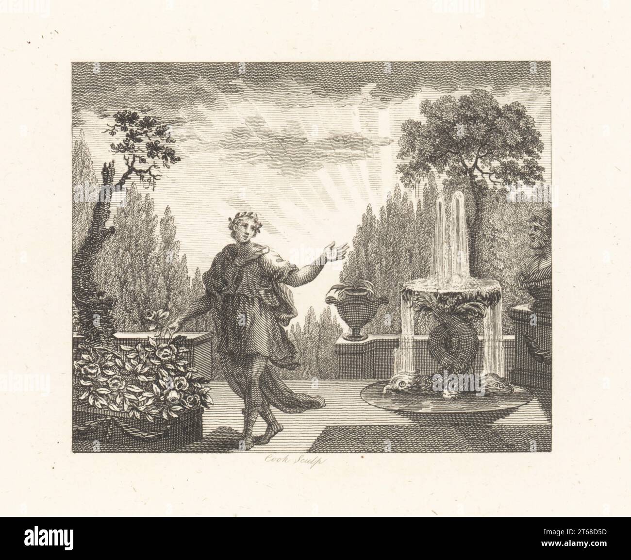 Il poeta e la Rosa. Un poeta in corona d'alloro e vesti romane scopa una rosa per ispirazione poetica. Il giardino ha una fontana, statuaria, vaso e aiuole fiorite. Incisione su copperplate di Cook dopo un'illustrazione di William Kent da Fables di John Gay, con una vita dell'autore, John Stockdale, Londra, 1793. Foto Stock