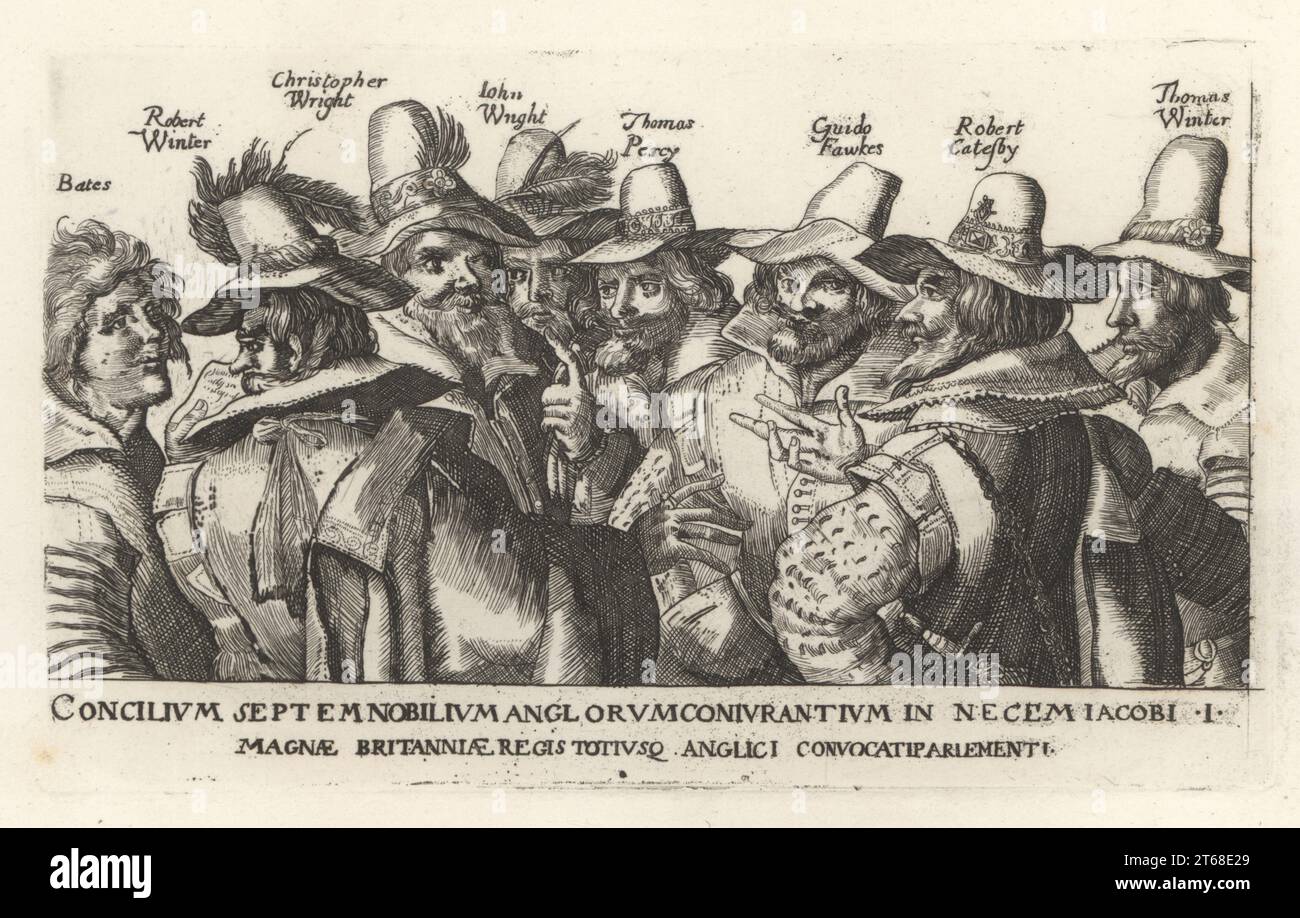 Guy Fawkes e altri cospiratori di Gunpowder Plot, 1605. Thomas Bates, Robert Winter, Christopher Wright, John Wright, Thomas Percy, Guido Fawkes, Robert Catesby e Thomas Winter. Dopo un'incisione di Crispijn van de Passe. Incisione su lastra di rame dalla Samuel Woodburns Gallery di ritratti rari costituiti da piastre originali, George Jones, 102 St Martins Lane, Londra, 1816. Foto Stock