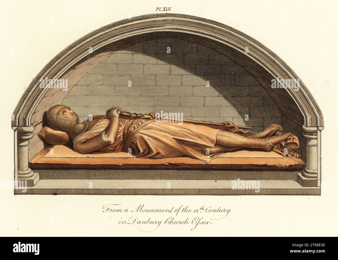 Effigie di un cavaliere normanno in armatura dalla chiesa di Danbury, 13 ° secolo. Monumento in legno intagliato di un uomo in tuta di armatura a catena di coif, huberk e tubo flessibile, con cappotto senza maniche. La sua mano destra raggiunge per la sua spada. Forse un San Clere o Sinclair famiglia Cavaliere Templari. Da un monumento del 12 ° secolo in Danbury Chiesa, Essex. Incisione a mano di Joseph Strutt dalla sua visione completa del vestito e delle abitudini del popolo d'Inghilterra, Henry Bohn, Londra, 1842. Foto Stock