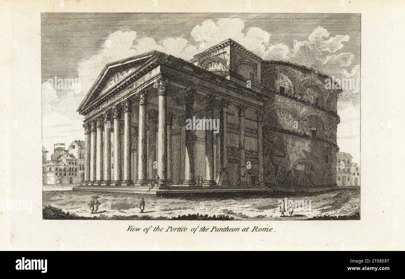 Veduta del Portico del Pantheon a Roma, XVIII secolo. Tempio romano con portico di colonne corinzie, frontone, rotonda sotto una cupola. Costruito da Marco Agrippa per l'imperatore Cesare Augusto, i secolo d.C. Incisione su lastra di rame da Francis Fitzgeralds The Artists Repository and Drawing Magazine, Charles Taylor, Londra, 1785. Foto Stock