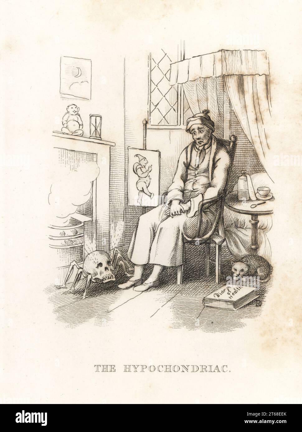 La morte e l'ipocondriaco. La figura della morte, un ragno con un corpo cranico umano, appare ai piedi di un uomo malaticcio che allucina davanti al camino. Una pozione addormentata e un cucchiaio giacciono su un tavolo, e un diario di salute sul pavimento. Illustrazione disegnata e incisa su acciaio da Richard Dagley dalle sue azioni di morte, consistenti in numerose composizioni originali in versi e prosa, J. Andrews, Londra, 1827. Dagley (1761-1841) è stato un pittore, illustratore e incisore inglese. Foto Stock