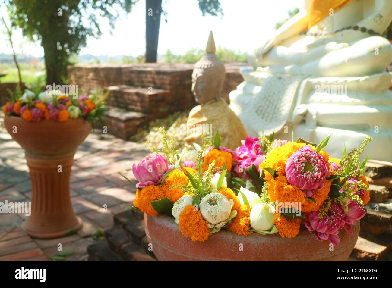 Mazzi di Fiori di Lotus e Marigold per l'offerta nei vasi con immagini sfocate del Buddha sullo sfondo, Thailandia Foto Stock