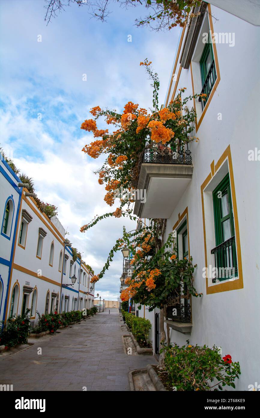 Fiori sulle case nel romantico villaggio di pescatori di Puerto de Mogán, sull'isola Canaria di Gran Canaria in Spagna Foto Stock