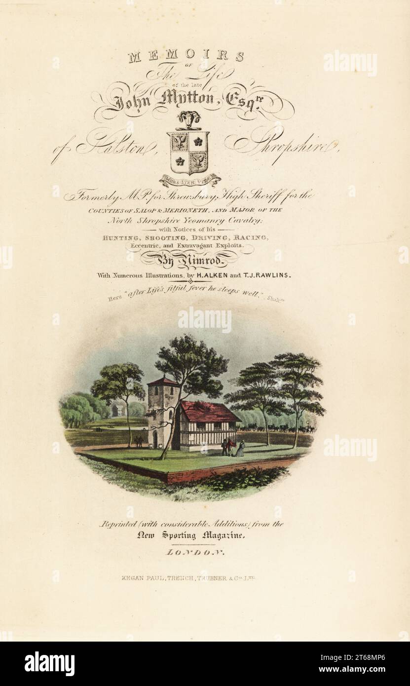 Pagina del titolo con titolo calligrafico e vignetta della chiesa campestre inglese di Tudor. Facsimile cromolitografico di un'illustrazione di Henry Thomas Alken da memorie della vita del tardivo John Mytton da Nimrod aka Charles James Apperley, Kegan Paul, Londra, 1900. Foto Stock