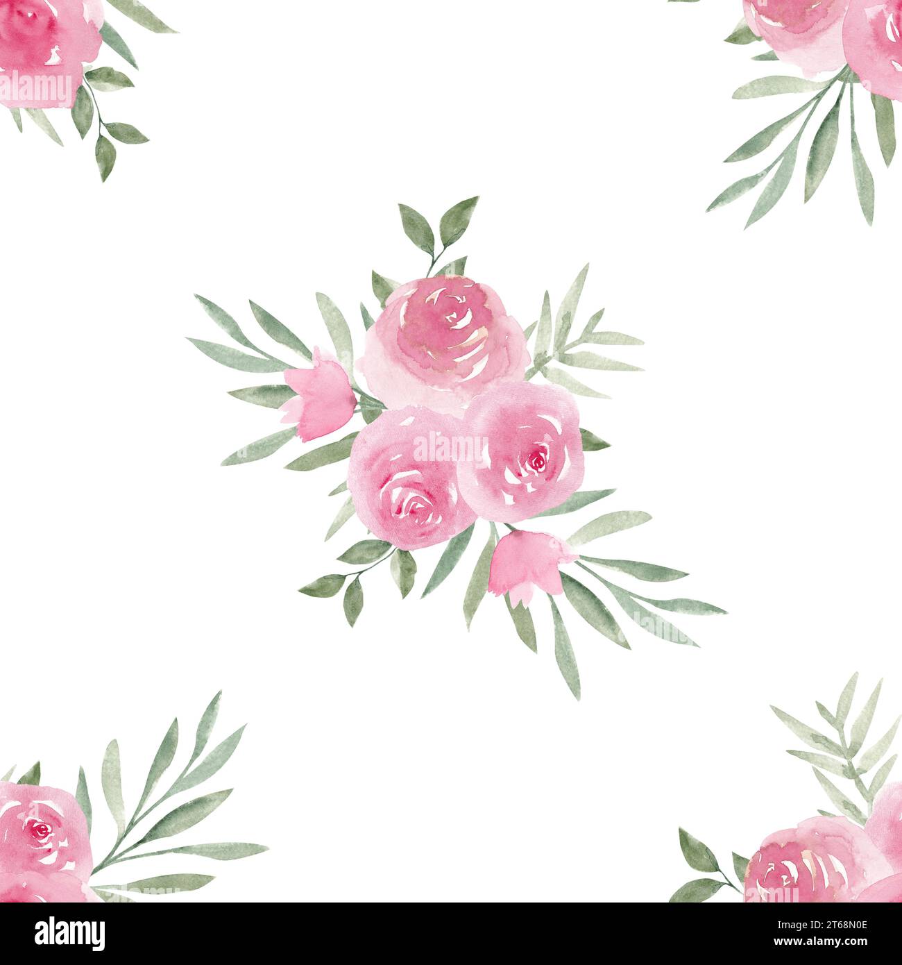 Rose di peonia rosa polverose con foglie verdi senza cuciture. Piastrelle botaniche per lettiere, carta da imballaggio, tessuti, tessuti, scrapbooking, cancelleria Foto Stock