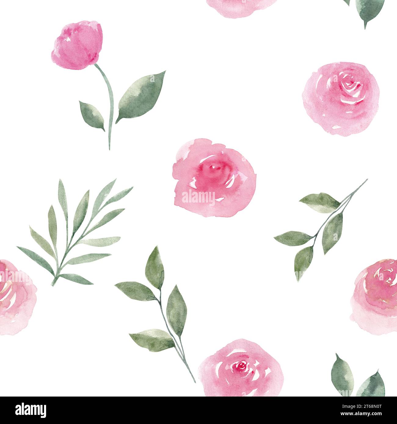 Rose di peonia rosa polverose con foglie verdi senza cuciture. Piastrelle botaniche per lettiere, carta da imballaggio, tessuti, tessuti, scrapbooking, cancelleria Foto Stock