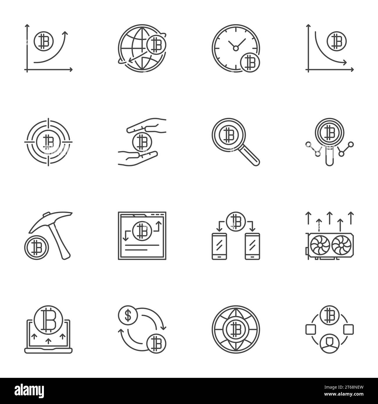 Insieme di icone del concetto di criptovaluta e blockchain. Insieme vettoriale dei simboli di contorno della catena di blocchi Illustrazione Vettoriale