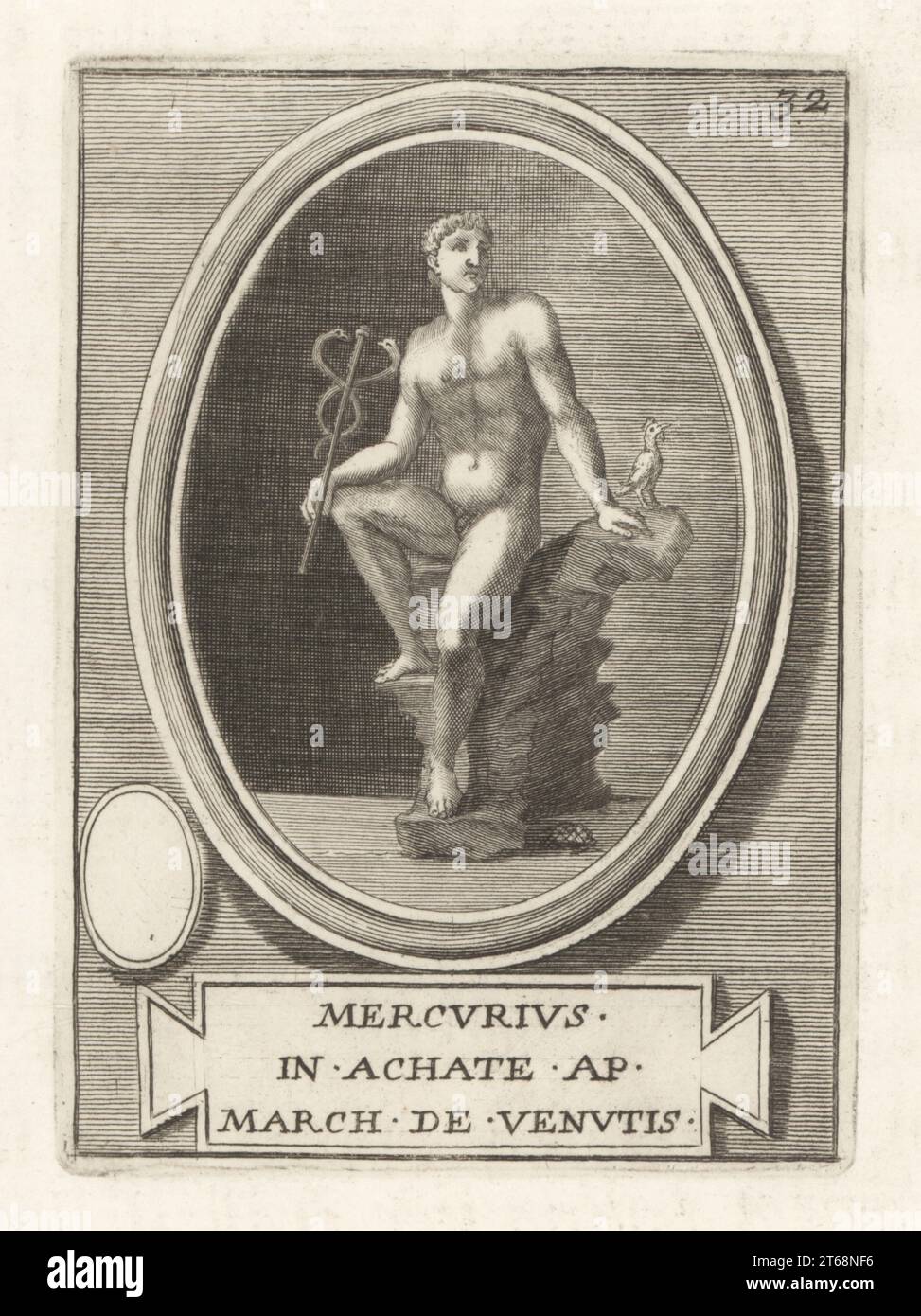 il dio romano mercurio con caduceo e gallo. Nella religione etrusca, dio messaggero e dio del commercio Turms. Roman Mercury, Greek Hermes. Da una gemma di agata incisa. Mercurius ad Achate ap March. De Venutis. Incisione su lastra di rame di Francesco Valesio, Antonio Gori e Ridolfino Venutis Academia Etrusca, Museo Cortonense in quo vera Monumenta, (Accademia Etrusca o Museo di Cortona), Faustus Amideus, Roma, 1750. Foto Stock