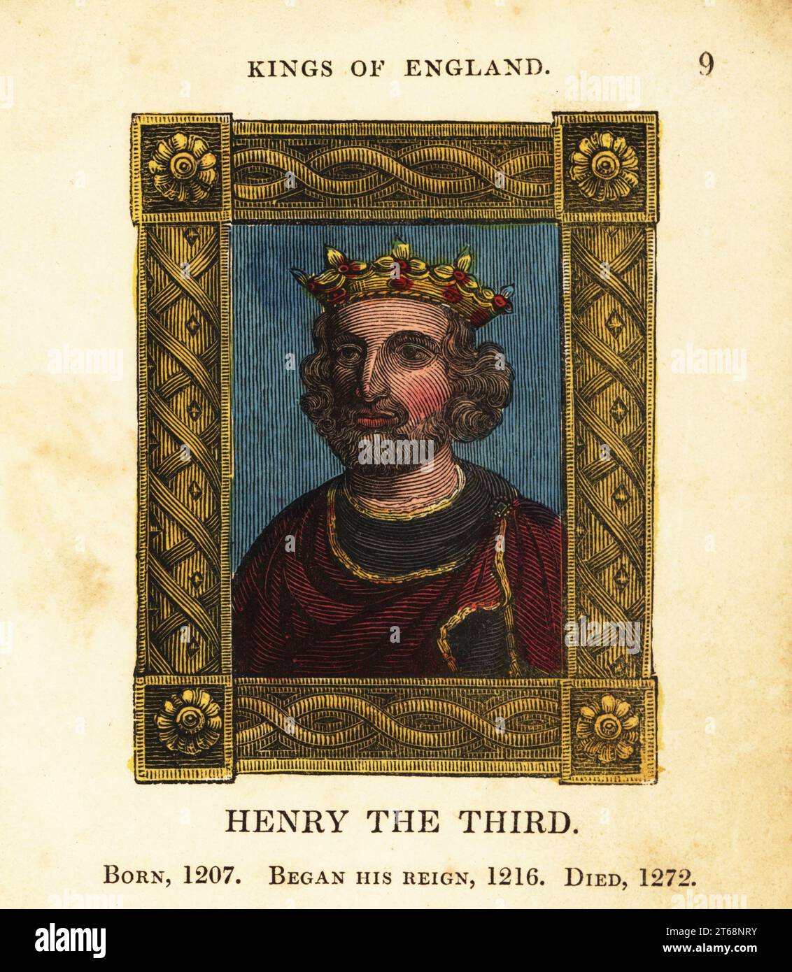 Ritratto di re Enrico il terzo, Enrico III d'Inghilterra, nato nel 1207, iniziò il regno del 1216 e morì nel 1272. In corona, capo con collare in oro all'interno cornice ornata. Incisione a mano di Cosmo Armstrong da Ritratti e personaggi dei Re d'Inghilterra, da Guglielmo il Conquistatore a Giorgio il terzo, John Harris, Londra, 1830. Foto Stock