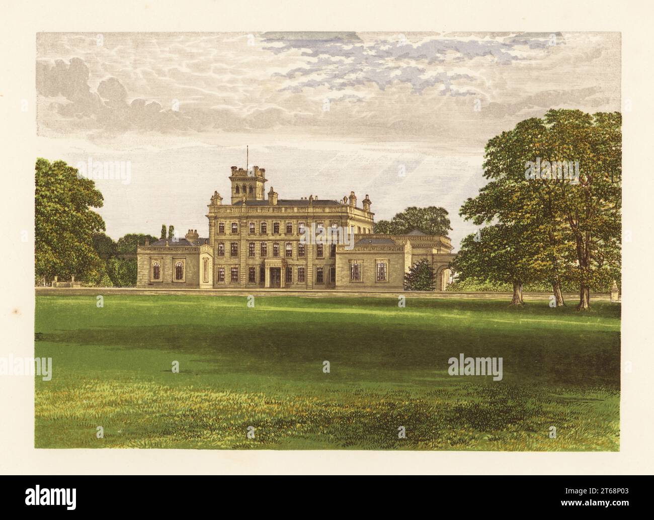 Locko Park, Derby, Inghilterra. Residenza in stile italiano con corpo centrale con portico e ali, casa di William Drury Lowe, Scudiero Woodblock di colore di Benjamin Fawcett nel processo Baxter di un'illustrazione di Alexander Francis Lydon del reverendo Francis Orpen Morriss A Series of Paintful Views of the Seats of Noblemen and Gentlemen of Great Britain and Ireland, William Mackenzie, Londra, 1870. Foto Stock