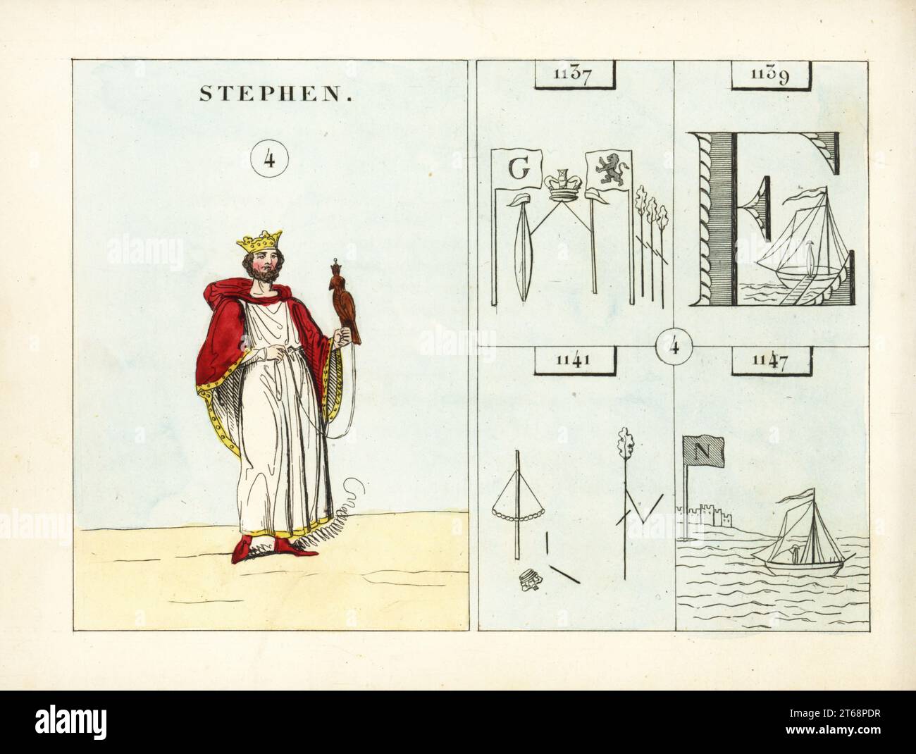 Ritratto di Re Stefano d'Inghilterra, con corona, mantello e falco in cappa. Emblemi indicano la concorrenza con Matilda, sbarco Matilda in Inghilterra, battaglia di Lincolm e Matilda ritorno in Normandia. Incisione in acciaio colorato a mano dopo un'illustrazione di Mary Ann Rundall da UNA storia simbolica dell'Inghilterra, dai primi tempi al Regno di Guglielmo IV, J.H. Trucy, Parigi, 1839. Mary Ann Rundall era un insegnante di giovani Signore a Bath, e pubblicò il suo libro di emblemi mnemonici nel 1815. Foto Stock