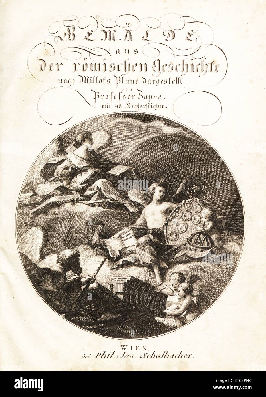 Scena allegorica con storia seduto su una nuvola sopra Studio con un libro di storia, medaglione con ritratti, un globo e un grafico. Due geni alati scrivono la storia di Remo e Romolo. Frontespizio con vignetta rotonda di Jean Baptiste Piauger del professor Joseph Rudolf Zappes Gemalde aus der romischen Geschichte, Pictures of Roman History, Joseph Schalbacher, Vienna, 1800. Edizione tedesca di Abbe Claude Francois Xavier Millots Abrege de lHistoire Romaine. Foto Stock