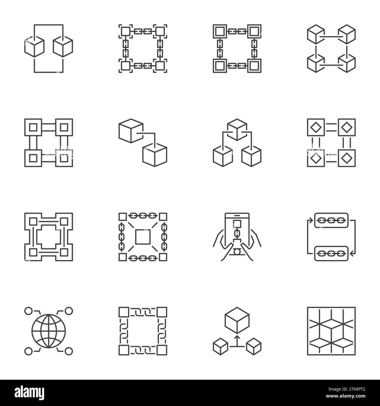Raccolta di icone astratte Cryptocurrency e Block-Chain. Serie vettoriale di segni di contorno Blockchain o elementi di progettazione Illustrazione Vettoriale