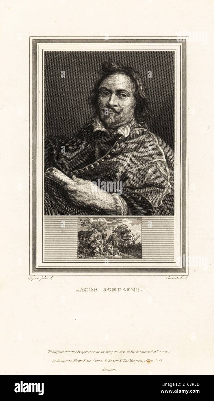 Ritratto di Jacob Jordaens, pittore fiammingo, disegnatore e arazzo noto per la sua storia dipinti, scene di genere e ritratti, 1593-1678. Medaglione mostra Mercurio e Argus. Incisione in acciaio di John Corner dopo un autoritratto di Jordaens da Ritratti di celebri Pittori con medaglioni dalle loro migliori prestazioni, Longman Hurst, Rees, Orme & Brown, Londra, 1825. Foto Stock