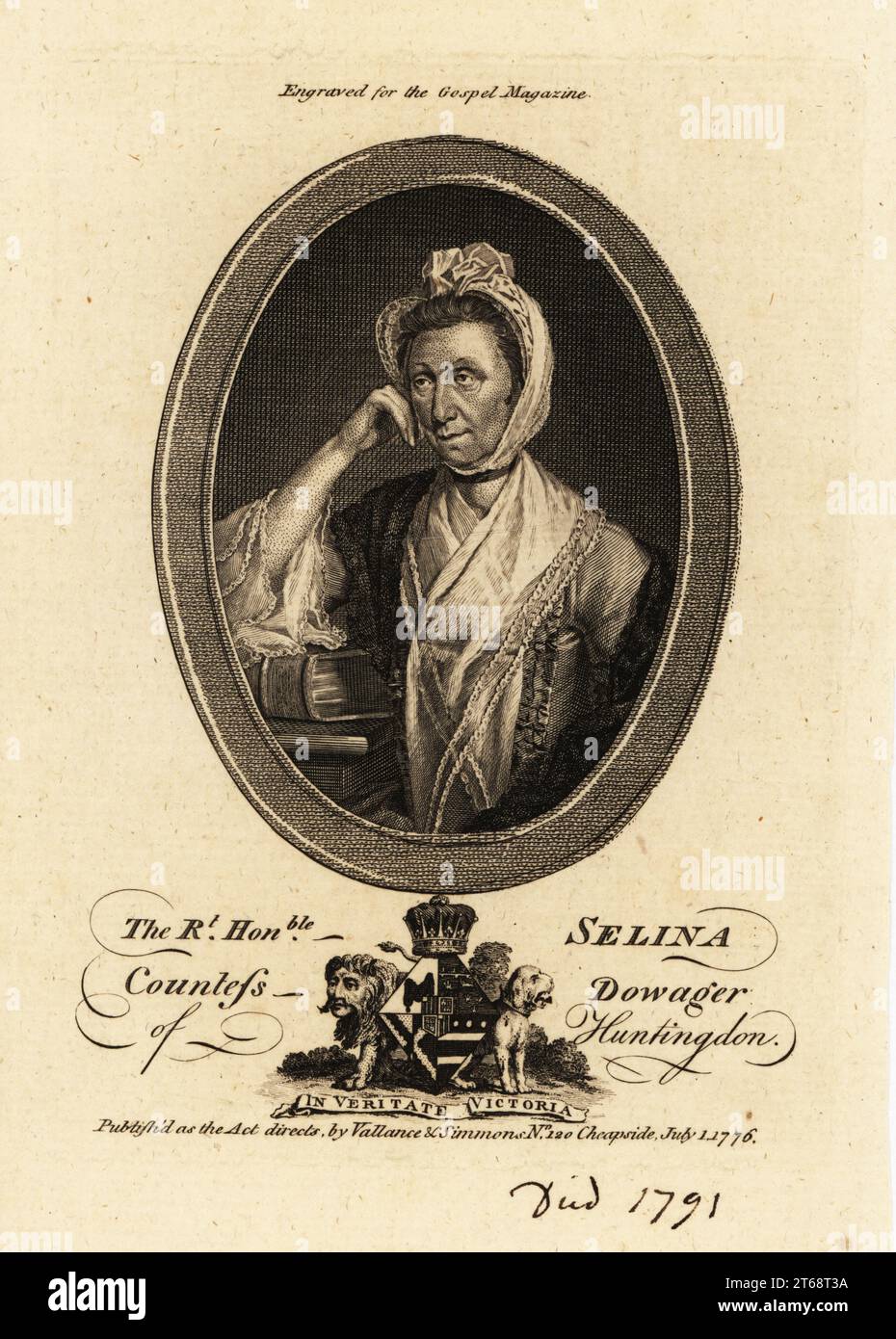 Selina Hastings, contessa Dowager di Huntingdon (1707-1791), leader religioso inglese che ha svolto un ruolo di primo piano nel movimento metodista del XVIII secolo. Sposò Theophilus Hastings, 9° conte di Huntingdon, Ritratto in cornice ovale, decorato con stemma. Incisione su copperplate per la rivista Gospel, edita da Vallance e Simmons, 120 Cheapside, Londra, 1776. Foto Stock