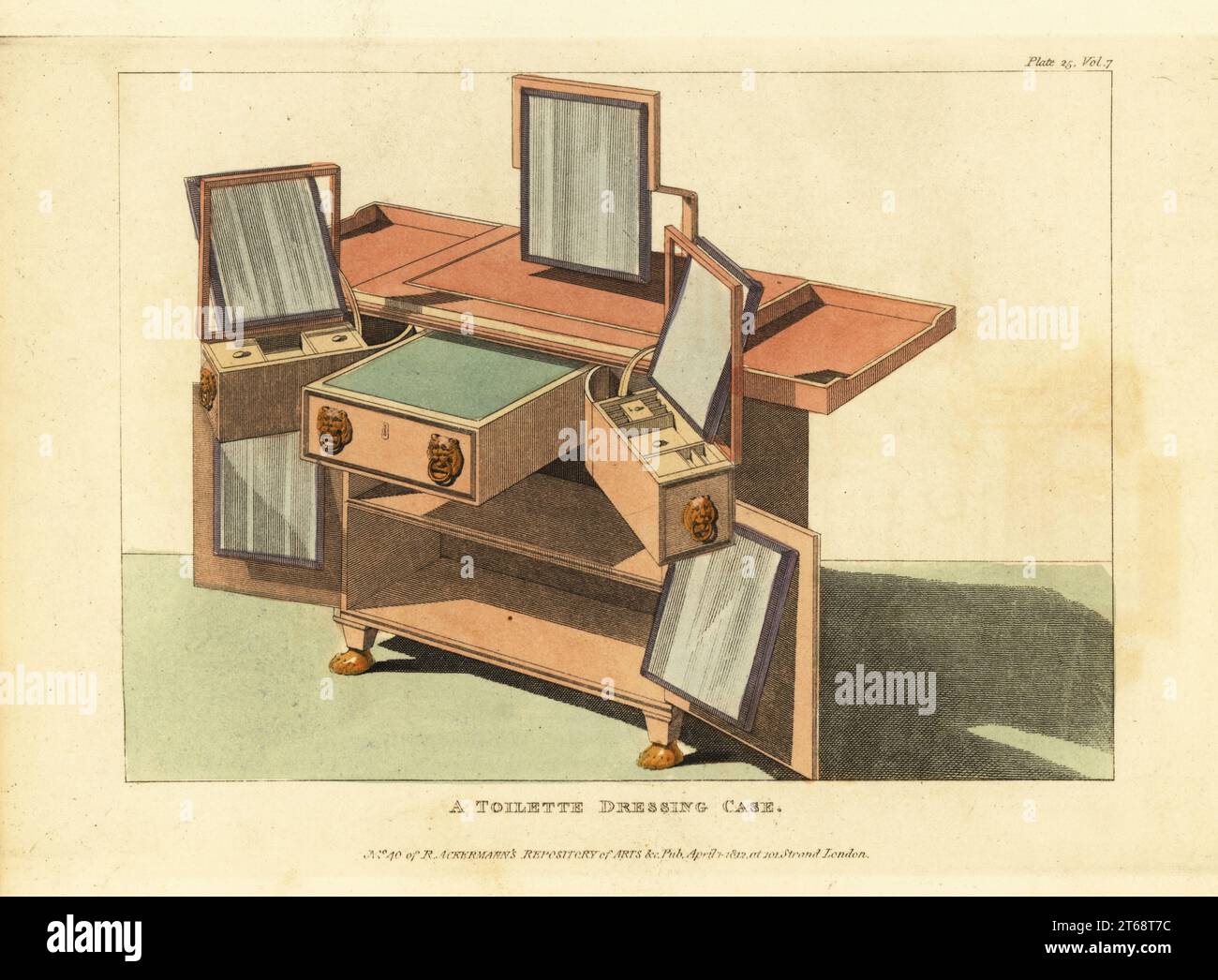 Spogliatoio da donna Regency-era, 1812. Cabina con coperchio pieghevole, cassetto di scrittura estraibile, cassetti cosmetici, specchi regolabili, ecc. progettata e prodotta da Thomas Morgan e Joseph Sanders, Londra. Incisione a mano su copperplate dal repository di Upholsterer e Cabinet-Maker, composta da settantasei disegni di mobili moderni e alla moda, Rudolph Ackermann, Londra, 1830. Foto Stock