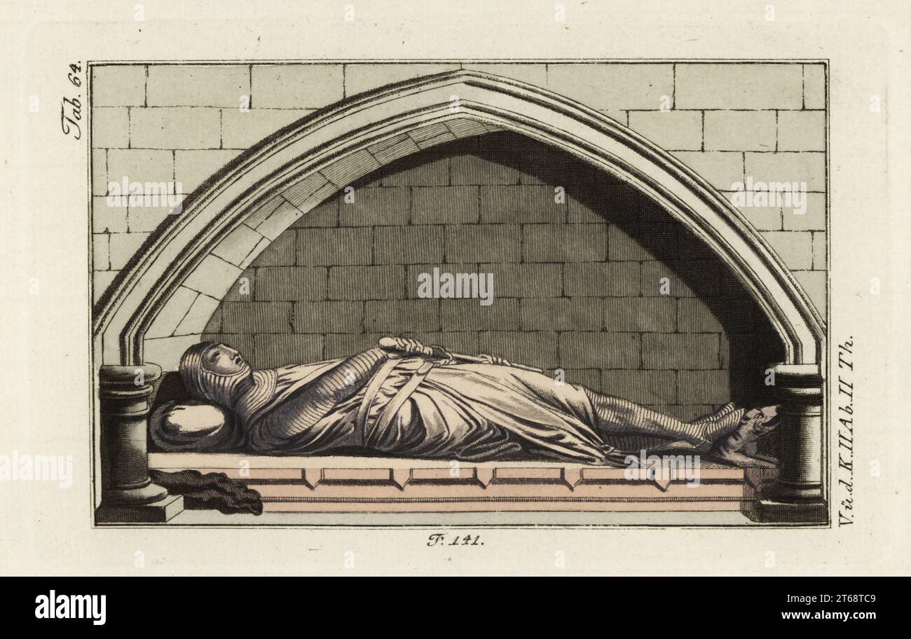 Effigie di un cavaliere normanno in armatura dalla chiesa di Danbury, 13 ° secolo. Monumento in legno intagliato di un uomo in tuta di armatura a catena di coif, huberk e tubo flessibile, con cappotto senza maniche. La sua mano destra raggiunge per la sua spada. Forse un San Clere o Sinclair famiglia Cavaliere Templari. Incisione a mano su copperplate dal quadro storico di Robert von Spalart dei costumi del principale popolo dell'antichità e del Medioevo, Vienna, 1802. Foto Stock