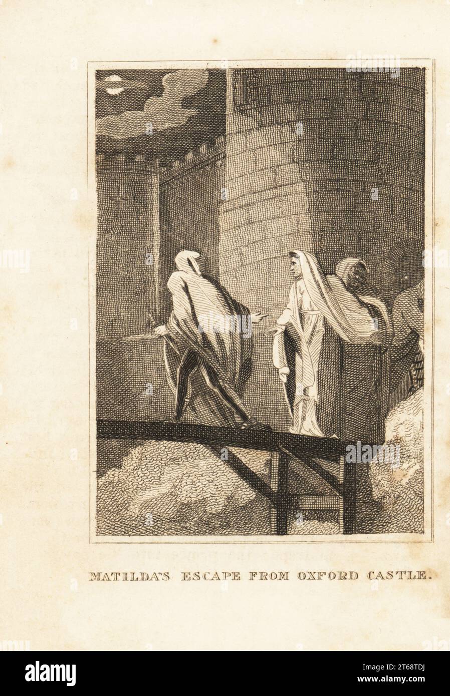 L'imperatrice Matilde fuggì attraverso una porta posterna durante l'assedio di Oxford da parte di re Stefano i, dicembre 1142. Indossava abiti bianchi per mimetizzarsi nella neve. La fuga di Matilda dal Castello di Oxford. Incisione su lastra di rame da M. A. Jones storia d'Inghilterra da Giulio Cesare a Giorgio IV, G. Virtue, 26 Ivy Lane, Londra, 1836. Foto Stock